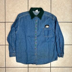 Men’s Small Vintage 2000s Denim Style Embroidered Betty Boop Button Down Shirt